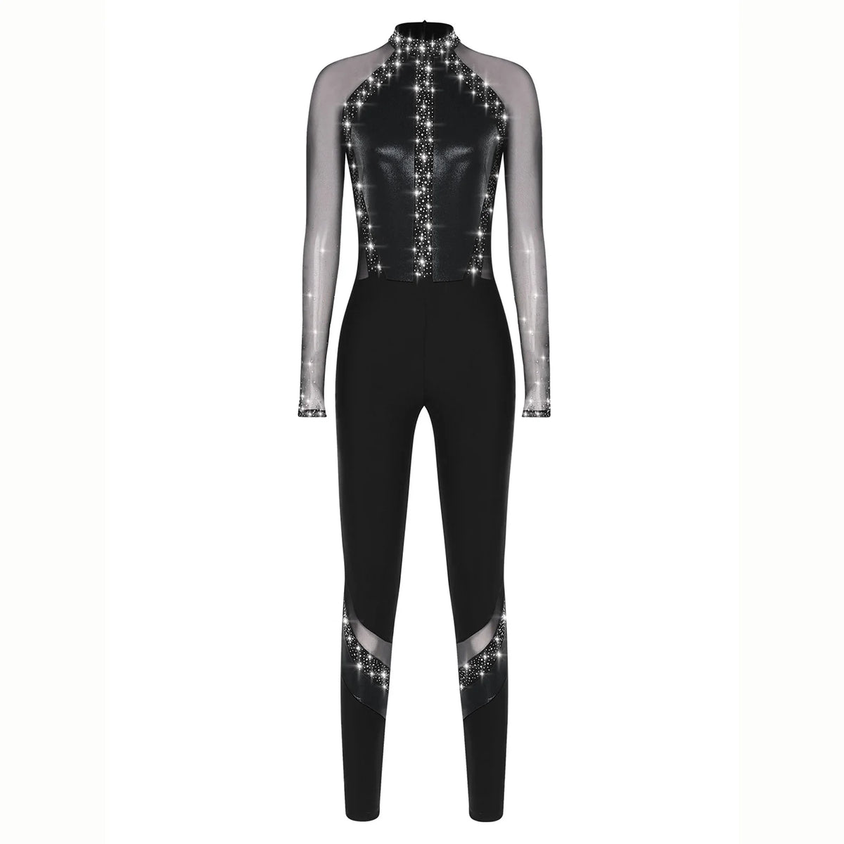 Women's Rhinestone Color-Block Dance Jumpsuit | Sheer Mesh Long Sleeve & Ankle Length | Gymnastics & Performance