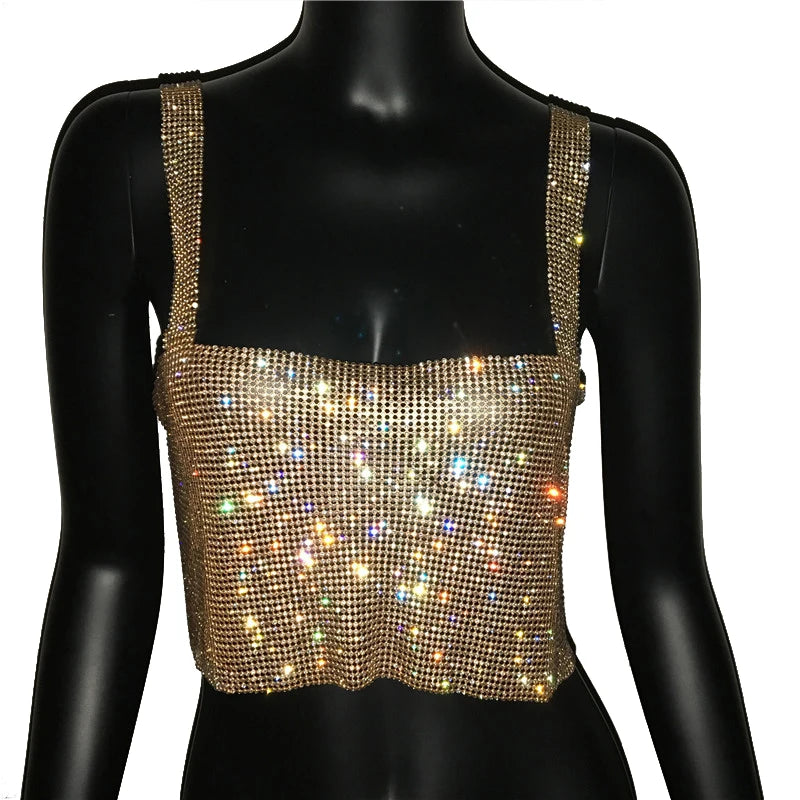 Rhinestone Backless Crop Top - Sparkly Sequin Camisole Tank