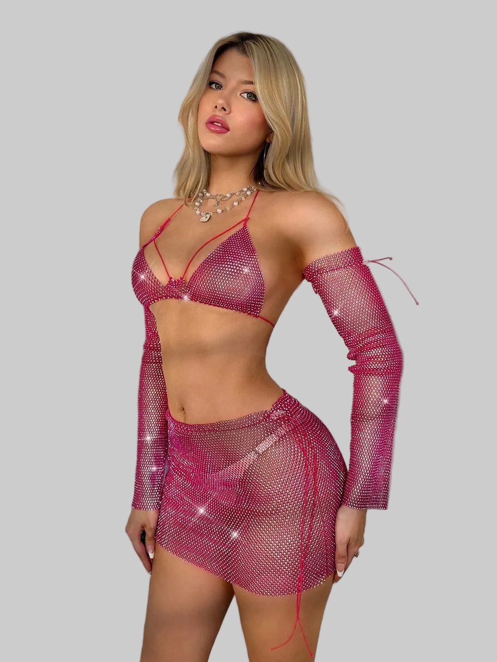 Rhinestone Mesh 3-Piece Set - Camisole, Mini Skirt & Oversleeve
