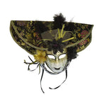 Venetian Hat Mask | Full Face & Feather Trim | Black & Red
