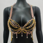 Glitter Crystal Pearl Tassel Crop Top - Backless Sheer Performance Top