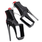26cm Black Red Patent Ankle Boots - Trendy Platform Party Dance Boots