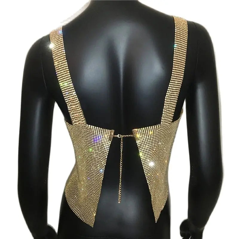 Rhinestone Metal Clip Camisole - Low Cut Backless Crop Top