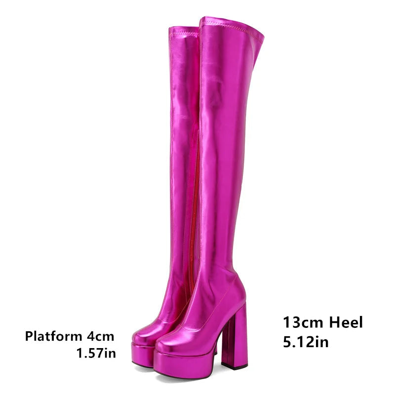 Thigh-High Platform Boots | Metallic Stretch