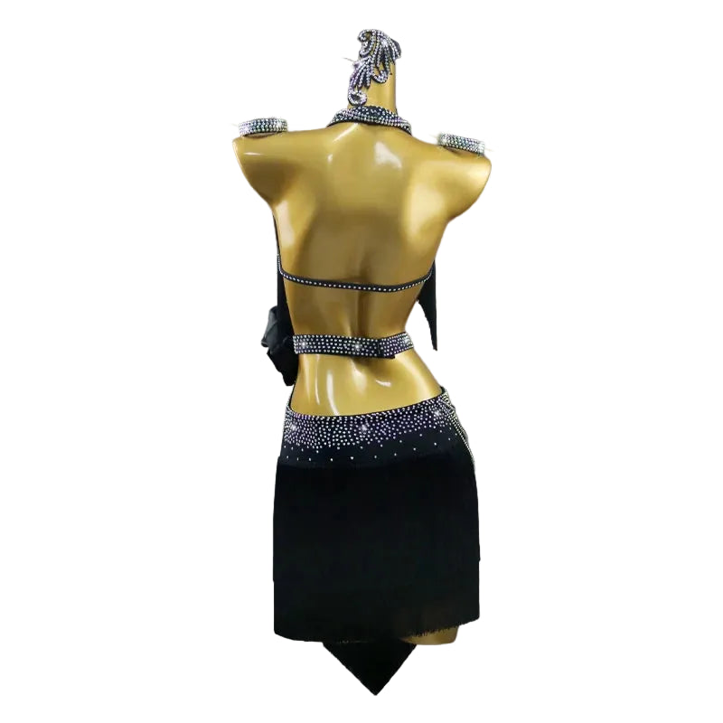 Black Latin Samba Dance Dress – Tassel & Ribbon Stage Costume