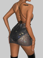 Diamond Crystal Mini Dress - Sheer Hollow-Out Nightclub Performance Dress