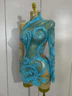 3D Swirl Appliqué Long-Sleeve Mini Dress | Turtleneck | Sky Blue