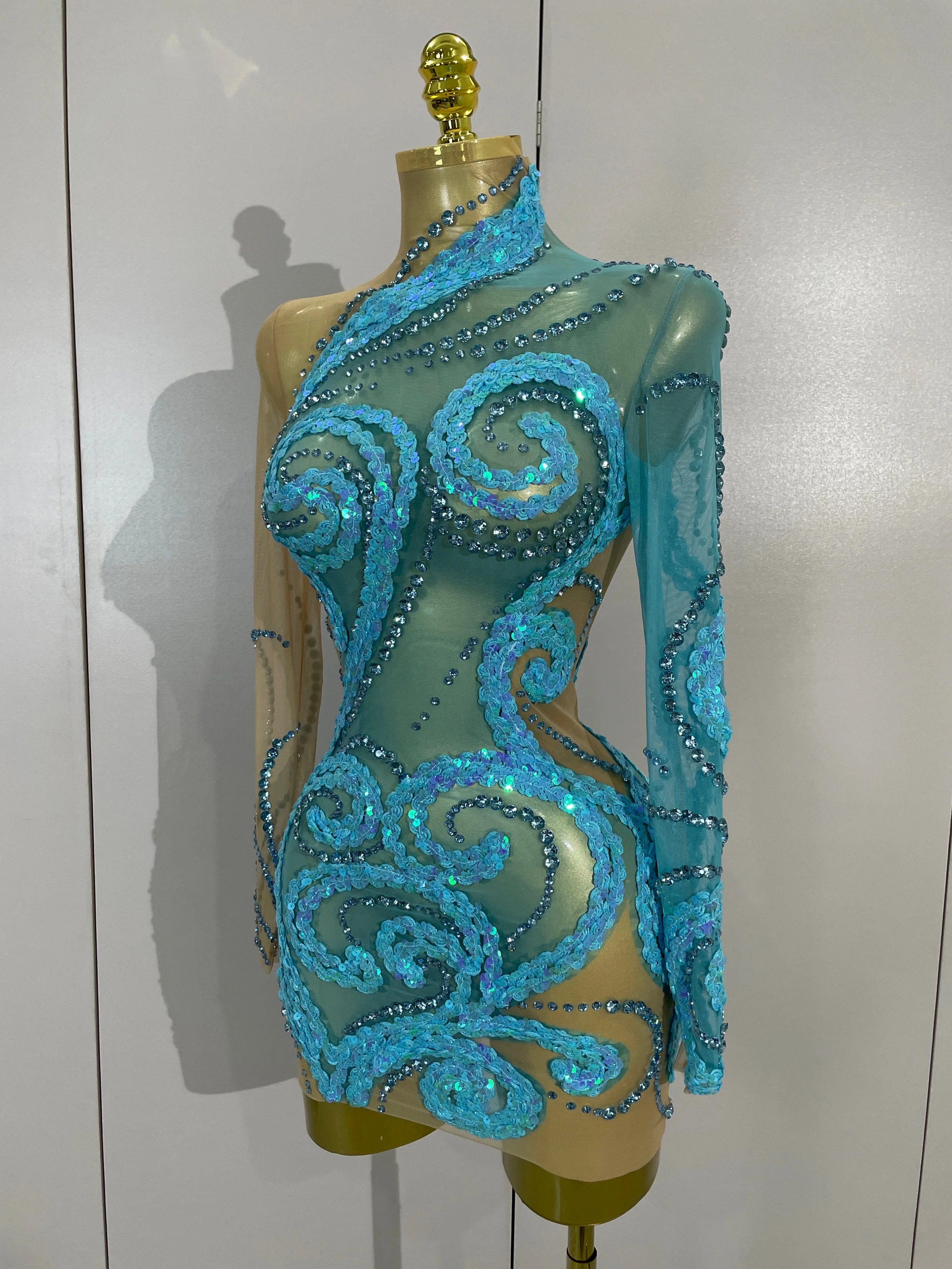 3D Swirl Appliqué Long-Sleeve Mini Dress | Turtleneck | Sky Blue