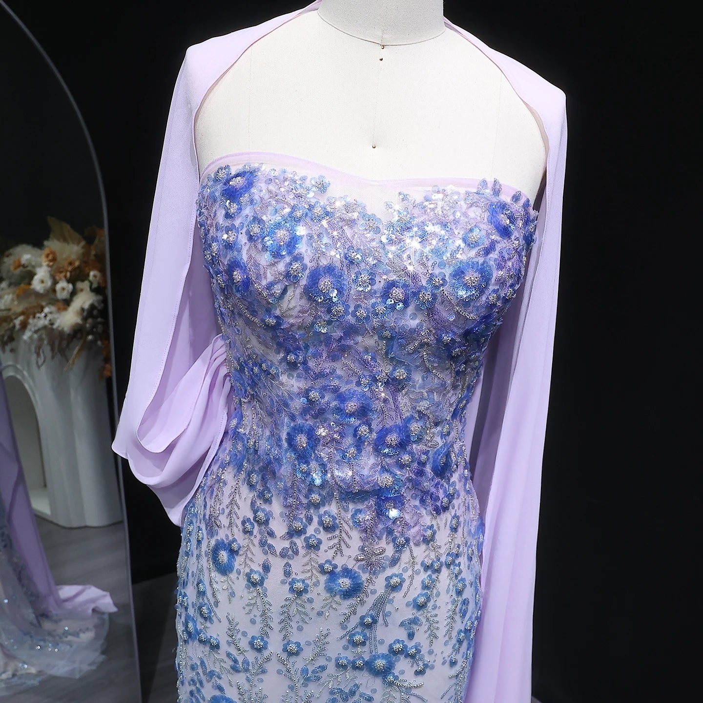 Beaded Lilac Mermaid Gown | Floral Appliqué Cape | Strapless