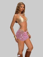 Sequin Fishnet Mini Skirt - Sheer Mesh with Rhinestones