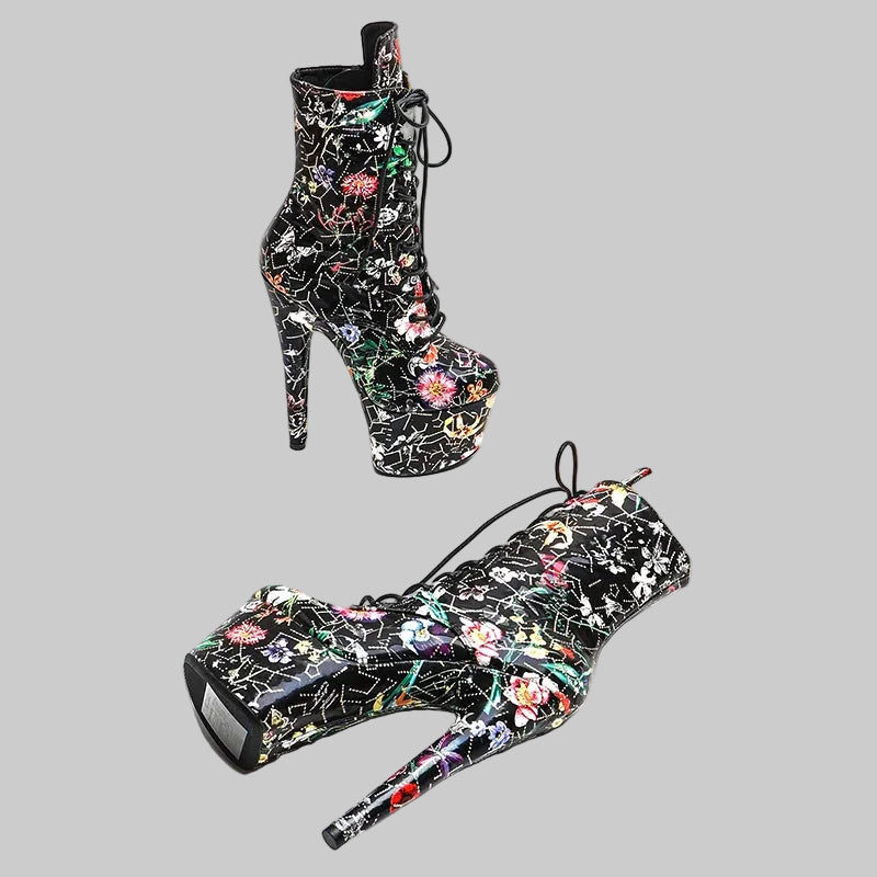 Floral 7-Inch Platform Pole Dance Ankle Boots