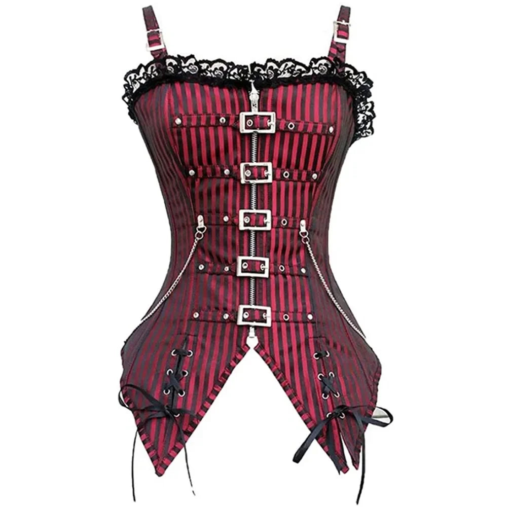 Striped Gothic Corset Top | Lace Overlay & Buckles