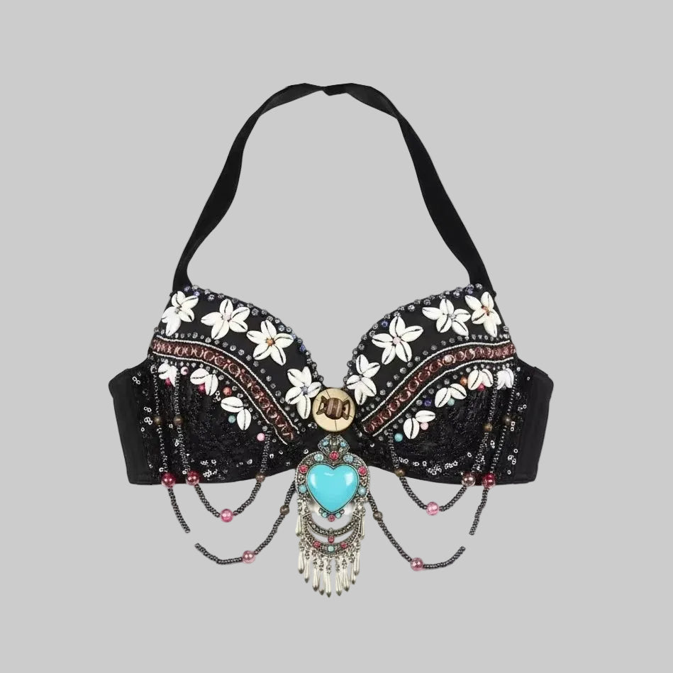 Tribal Belly Dance Bra - Vintage Gypsy Style with Beads, Mirrors & Coin Drapes