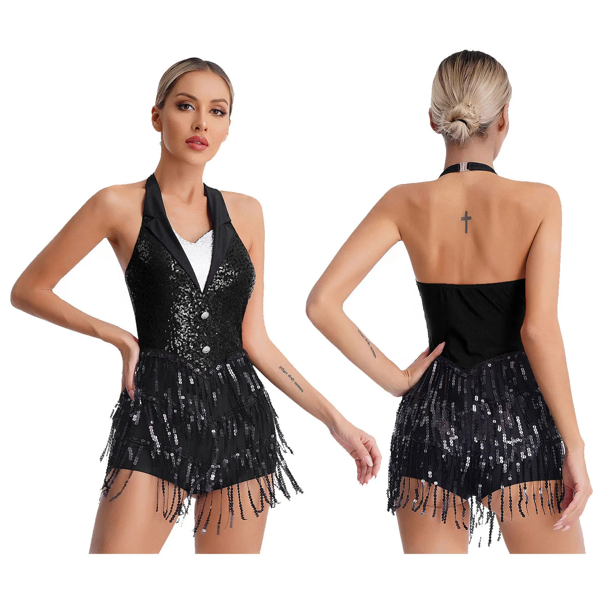 Midnight Fringe Rhinestone Latin Leotard