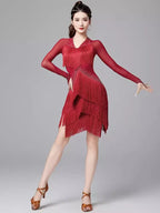 Latin Dance Fringe Dress | Rhinestone Mesh V-Neck