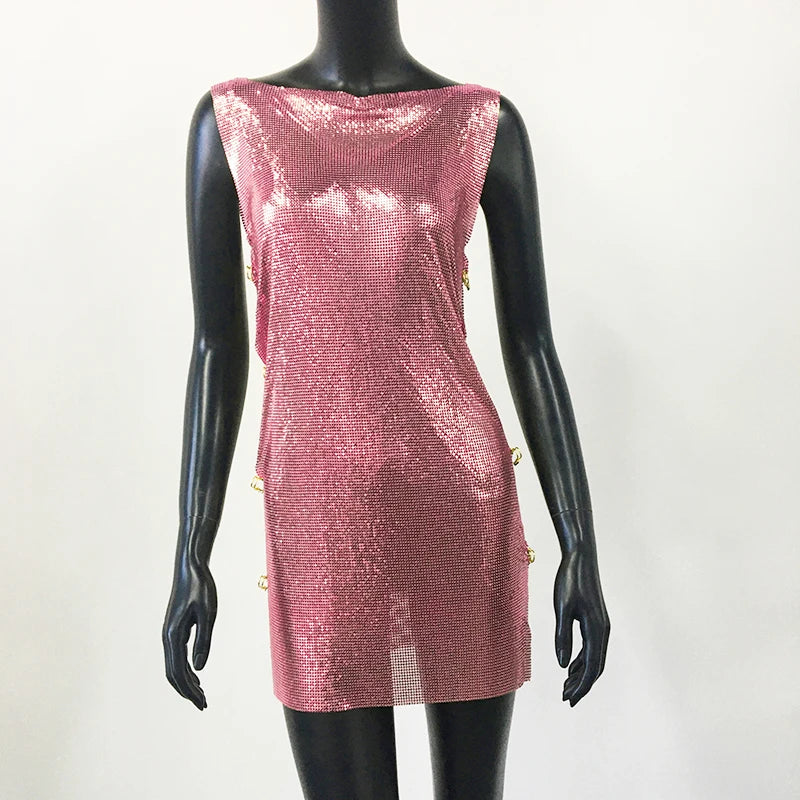Metallic Sequin Mini Dress - Backless Sheer Party Dress