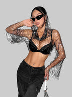 Rhinestone Mesh Hooded Crop Top - Sheer Fishnet Long Sleeve for Stage & Festival