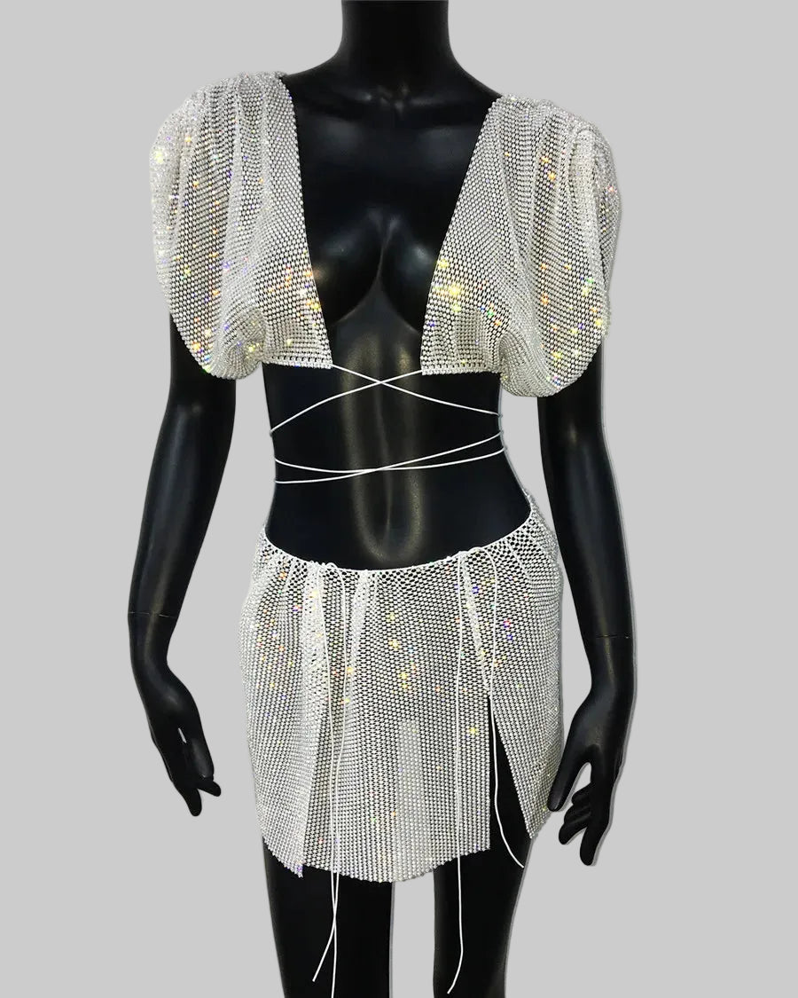 Rhinestone Crop Top & Skirt Set - Backless Festival Two-Piece