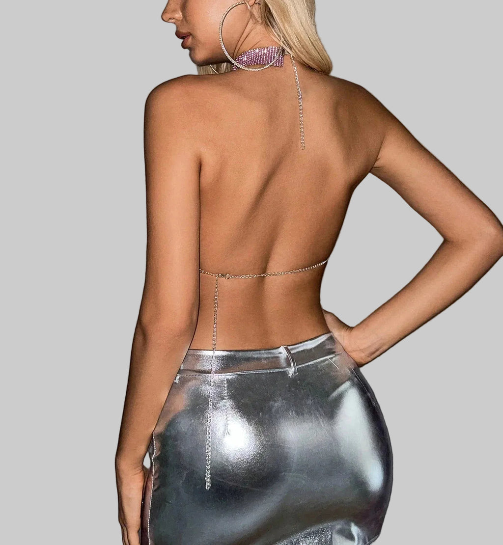 Halter Neck Diamond Crop Top - Backless Festival Tank