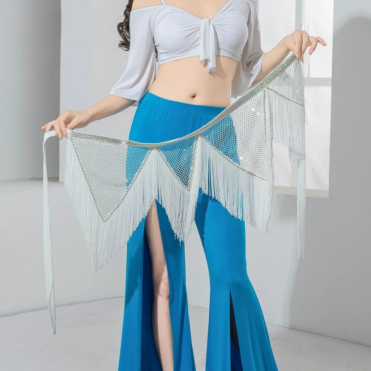 Belly Dance V-Shape Hip Scarf | Fringe & Fishing Net | 5 Colors