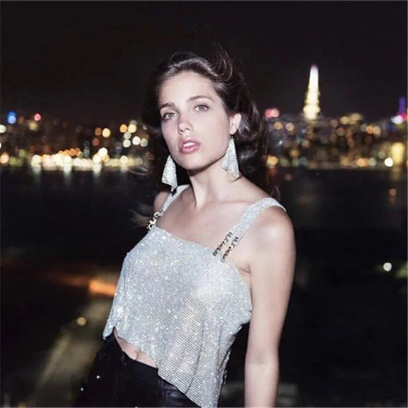 Rhinestone Metal Clip Camisole - Low Cut Backless Crop Top