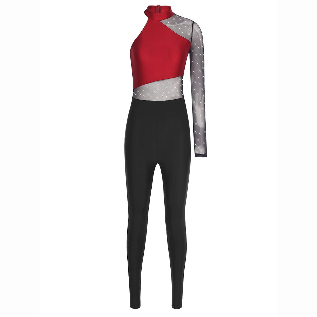 Women's Rhinestone Sheer Mesh Dance Jumpsuit | Mock Neck & One-Shoulder Styles | Gymnastics & Performance