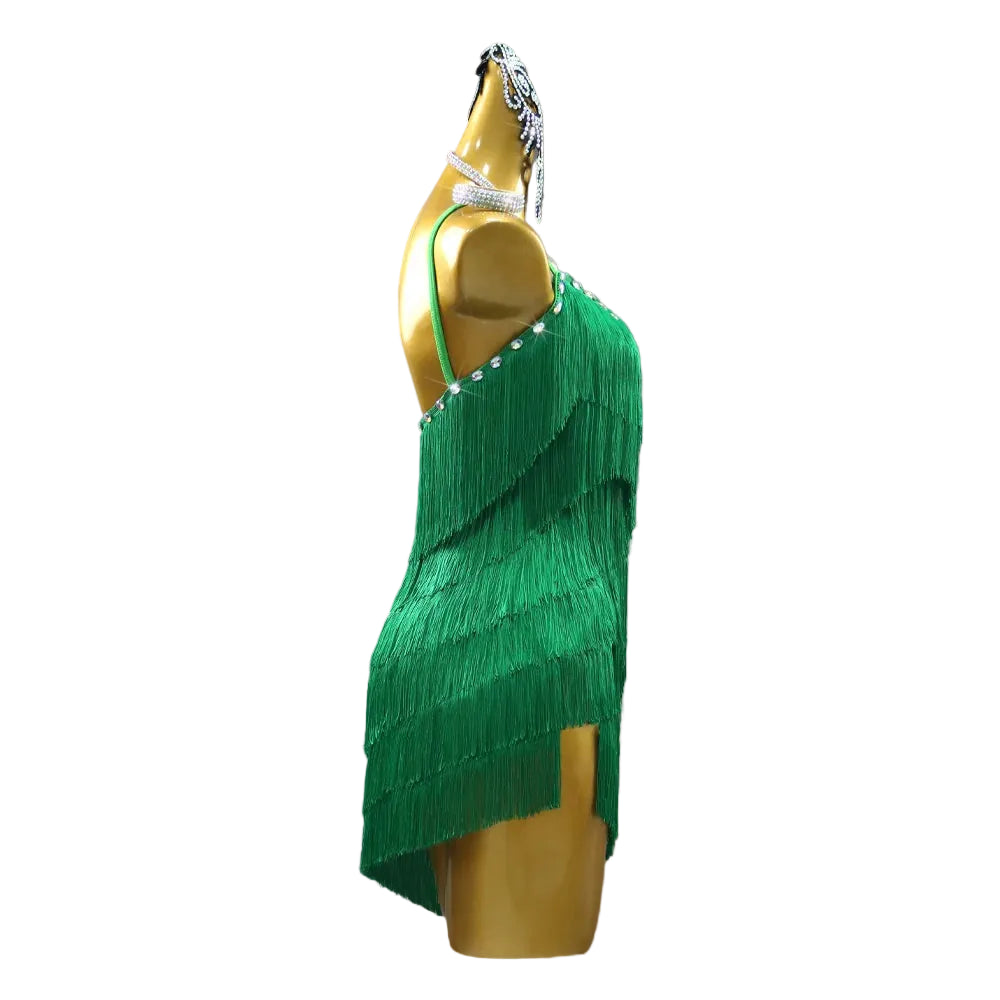 Green Latin Samba Fringe Dance Dress – Rhinestone Tassel Stage Costume