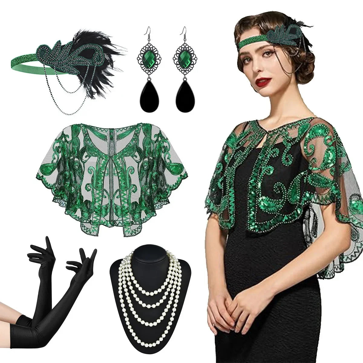 1920s Flapper Accessory Set | 5-Piece | Headband, Shawl, Gloves