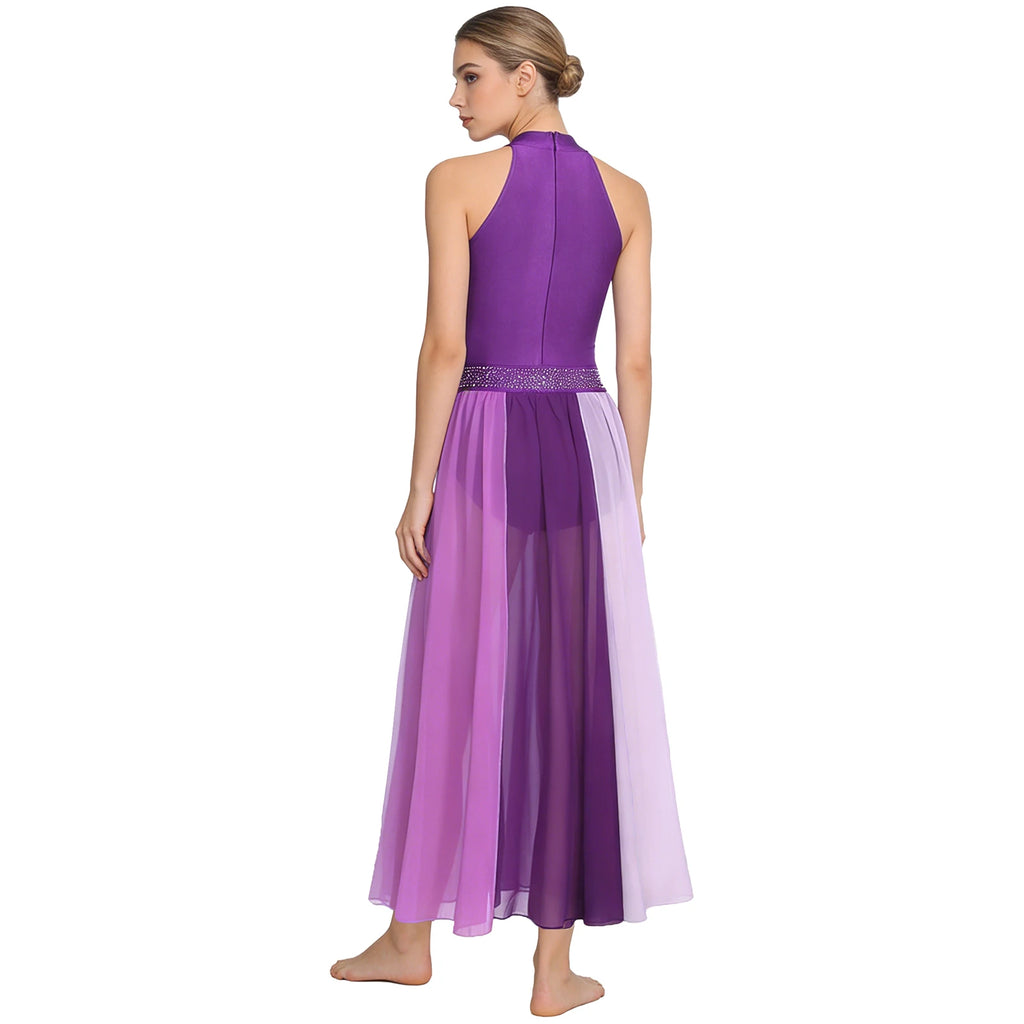 Rhinestone Lyrical Dress | Color-Block | Side Split | Mesh