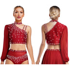 Rhinestone Asymmetric Dance Crop Top | One Mesh Sleeve | Latin Salsa Samba