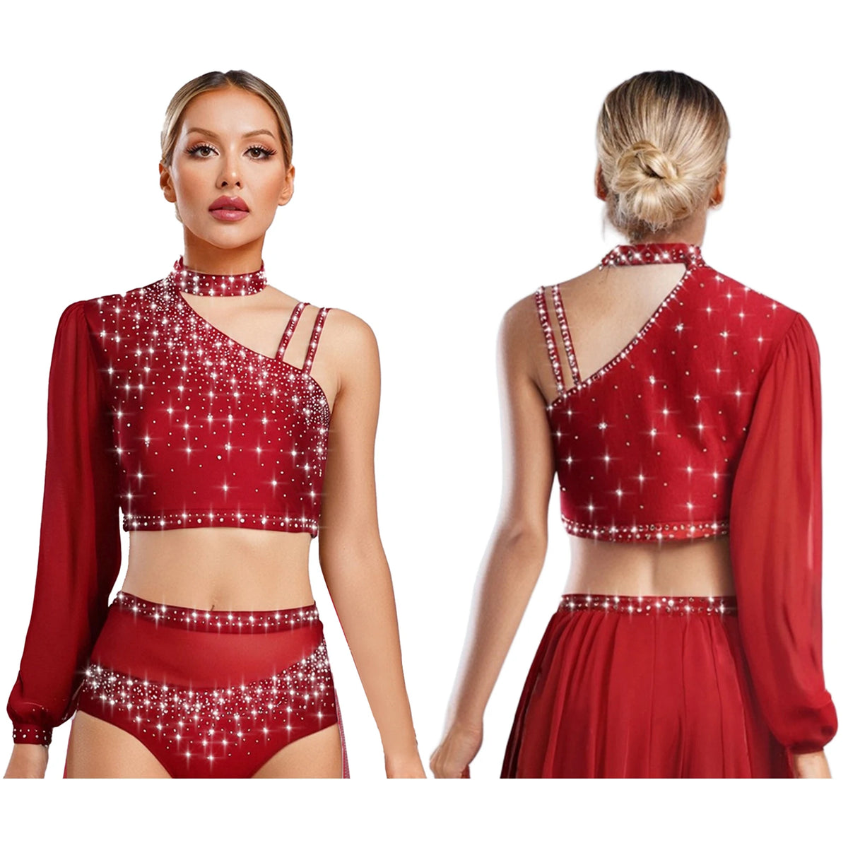 Rhinestone Asymmetric Dance Crop Top | One Mesh Sleeve | Latin Salsa Samba