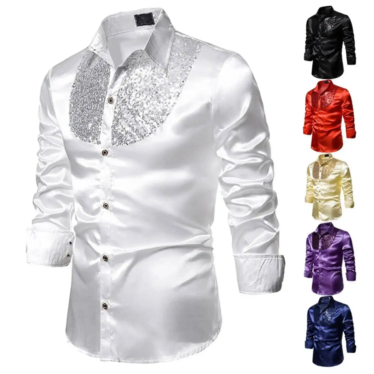 Men's Satin Sequin Shirt | Sequin Collar Panel | Stage