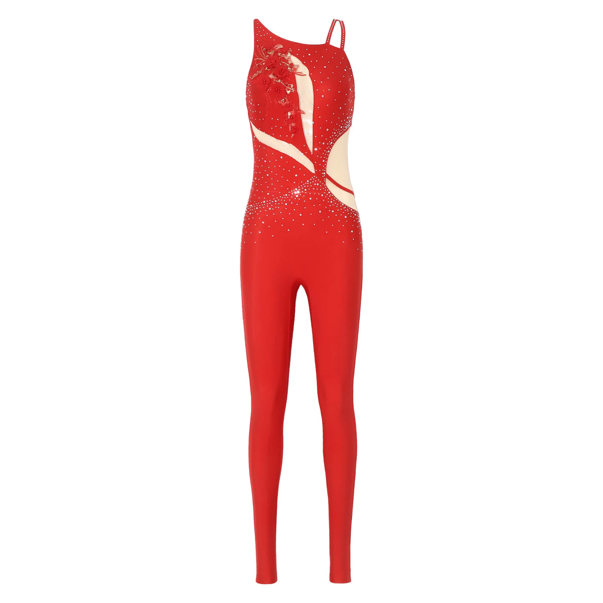 Women's Rhinestone Gymnastics Unitard | Mesh Patchwork & Asymmetric Shoulder | Performance Jumpsuit