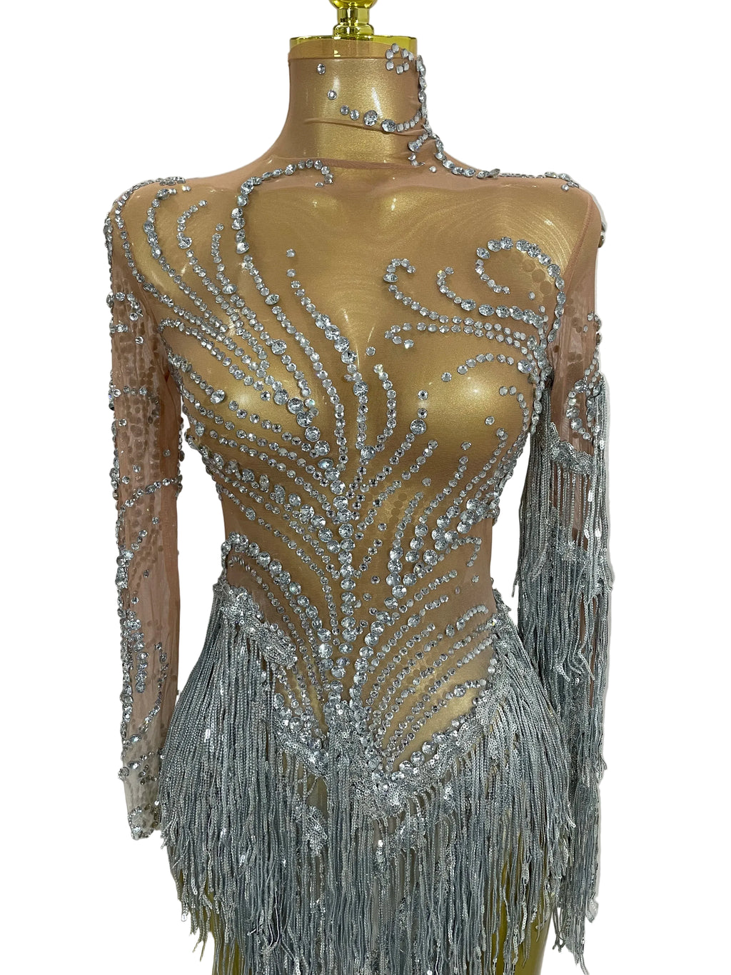 Rhinestone Mesh Tassel Dress | Sleeveless | Singer Stage