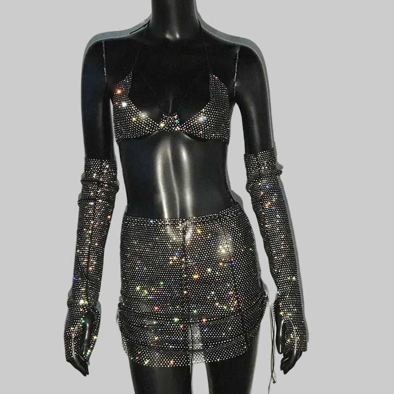 Rhinestone Three-Piece Set - Backless Crop Top, Skirt & Sleeves