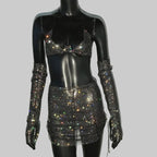Rhinestone Three-Piece Set - Backless Crop Top, Skirt & Sleeves
