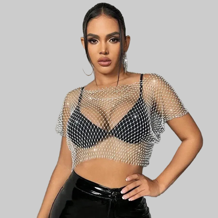 Rhinestone Fishnet Plaid T-Shirt - Sheer Bikini Cover-Up