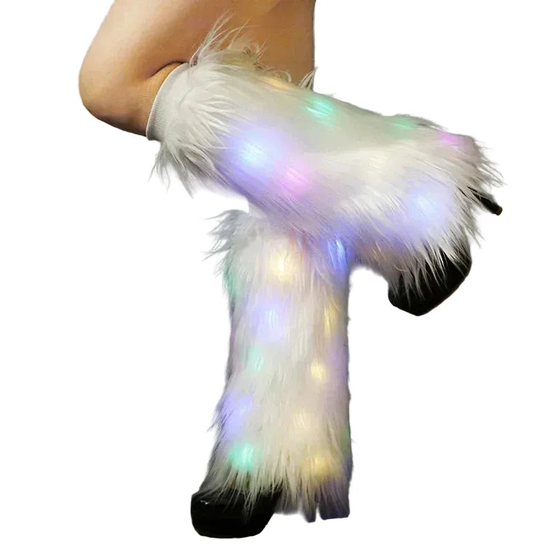 LED Fluffy Faux Fur Boot Covers | 40 cm | Rave & Festival Leg Warmers | White