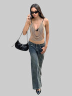 Full Diamond Sequin Halter Crop Top - Deep V-Neck Backless Tank