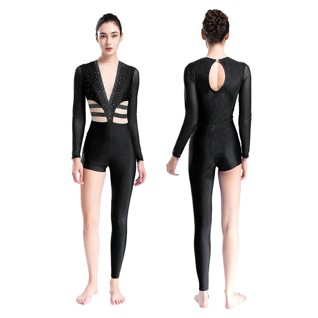 Women's Rhinestone Asymmetric Jumpsuit | One Long Leg & Sheer Mesh Illusion | Performance Bodysuit