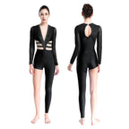 Women's Rhinestone Asymmetric Jumpsuit | One Long Leg & Sheer Mesh Illusion | Performance Bodysuit