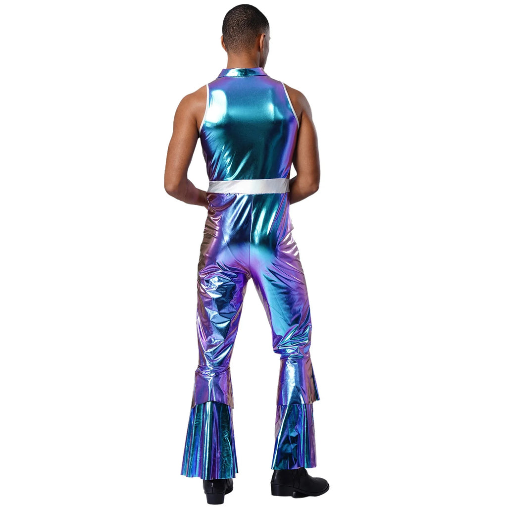 Men's Holographic Disco Jumpsuit | Lapel Collar & Flared Leg | 70s Stage Costume