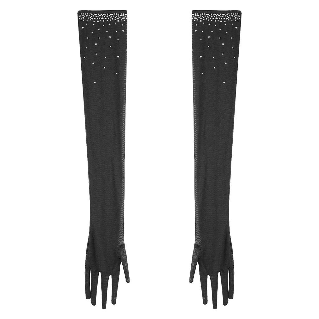 Women's Rhinestone Fringe Latin Dance Dress | Sheer Mesh & Tiered Tassel Skirt | Includes Arm Gloves