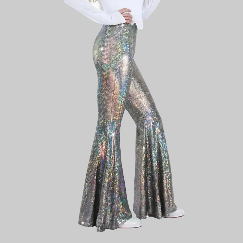 Sequin Bell-Bottom Performance Pants - High Waist Disco Flare Trousers