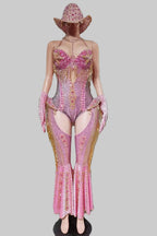 Rhinestone Bodysuit 4-Piece Set - Sparkly Showgirl Outfit with Flare Pants & Crystals