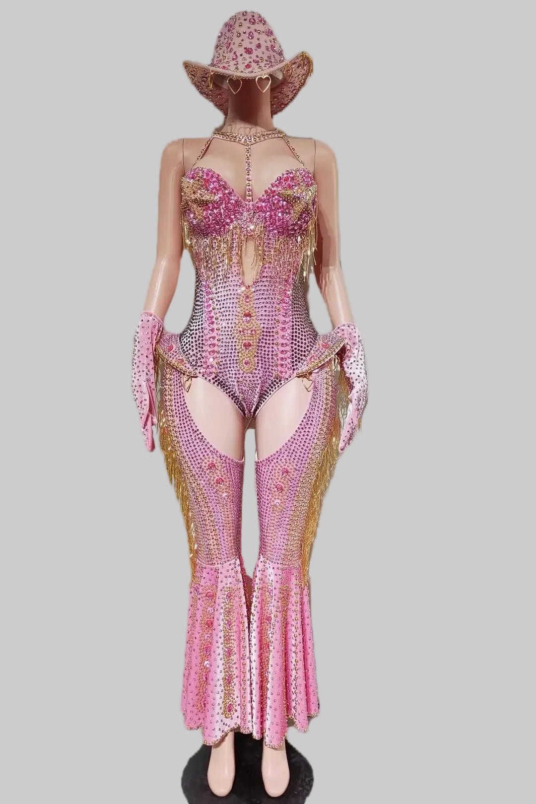 Rhinestone Bodysuit 4-Piece Set - Sparkly Showgirl Outfit with Flare Pants & Crystals