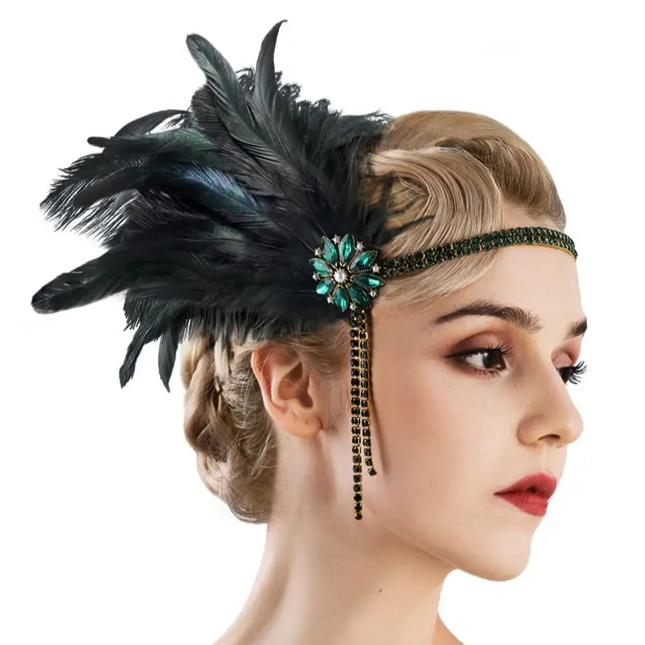 1920s Flapper Feather Headband | Rhinestone & Chain | 3 Colors