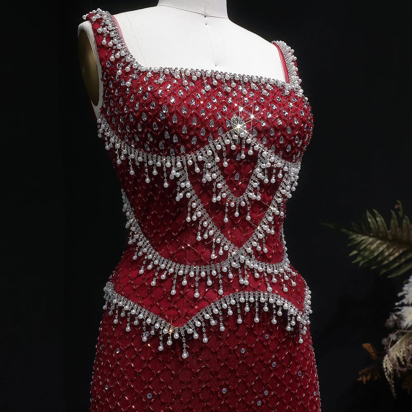 Crystal Beaded Column Pageant Gown | Square Neck | Champagne, Gray & Wine Red