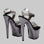 17CM Clear TPU Platform Sandals - Metallic Gun Color High Heel Pole Dance Shoes