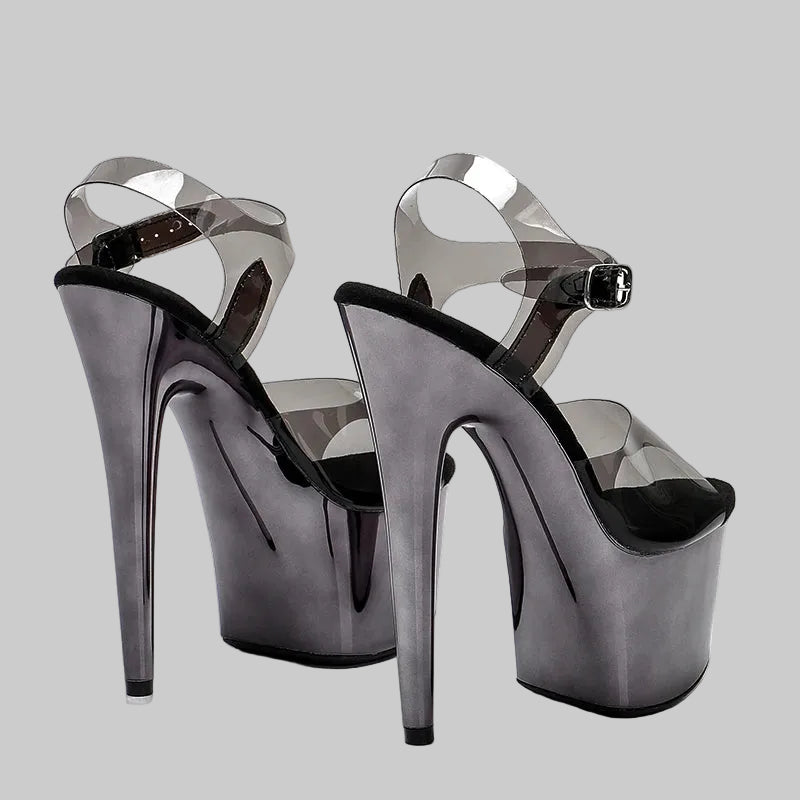 17CM Clear TPU Platform Sandals - Metallic Gun Color High Heel Pole Dance Shoes